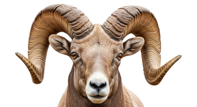 Isolated headshot of a majestic bighorn sheep looking forward with large curled horns