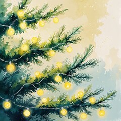 Christmas tree branches with glowing lights, watercolor holiday illustration