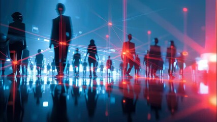 Businesspeople networking amid futuristic urban nightscape, glowing digital connection lines symbolizing global technological connectivity - Powered by Adobe