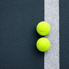 Two Yellow Tennis Balls on a Dark Tennis Court Surface with Lines Marking Boundary