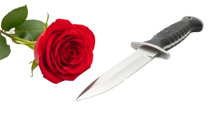 Juxtaposition of beauty and danger: A vibrant red rose lies next to a cold, sharp, steel knife