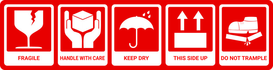 fragile warning set in red and white. sticker for packaging. handle with care, keep dry, this side up label.