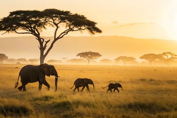 Fototapeta premium African Wildlife Scene – Three Elephants Walking Across Savanna at Sunset with Acacia Trees and Golden Sky, Nature, Landscape, Family, Travel, Conservation