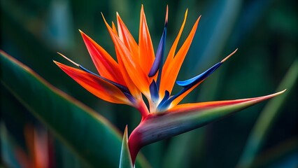 Bird of Paradise Flower Close-Up &ndash; Vibrant Orange and Blue Petals with Green Foliage on Dark Background, Nature, Exotic, Floral, Botanical, Tropical, Beauty