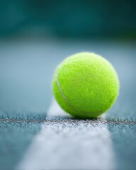 Close-Up View of a Bright Green Tennis Ball Rolling on a Court Surface During a Sporting Event