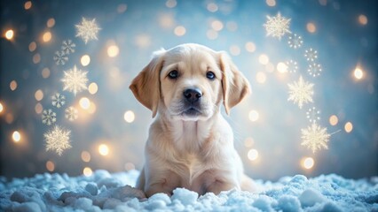 A Golden Puppy's Festive Winter Wonderland Adorable Canine Posing Amidst Sparkling Snowflakes and Soft Glowing Lights