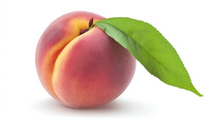A single fresh peach with a green leaf, professionally photographed in sharp focus on a clean white background.