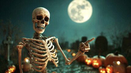 Halloween scene with cheerful skeleton points in a moonlit cemetery with pumpkins