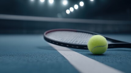 Close-Up of Tennis Ball and Racket on Court Surface with Dramatic Lighting and Depth of Field