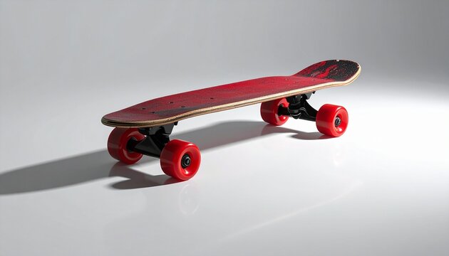 Red plastic skateboard with textured deck and wheels on white surface—evoking motion, retro charm, and the geometric choreography of light, shadow, and youthful energy.