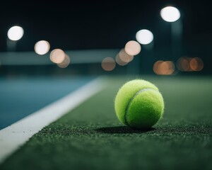Tennis ball on court at night with blurred lights in background, perfect for sports photography enthusiasts