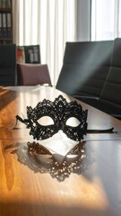 Minimalist Corporate Meeting Room with Single Venetian Lace Mask and Dramatic Shadow