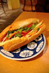 Vietnamese banh mi and fresh spring rolls at a local restaurant