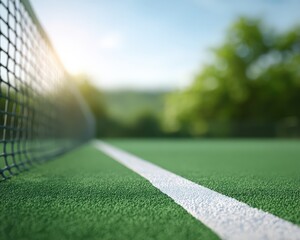 Close-Up View of Tennis Net and Court with Natural Background During Daylight Hours