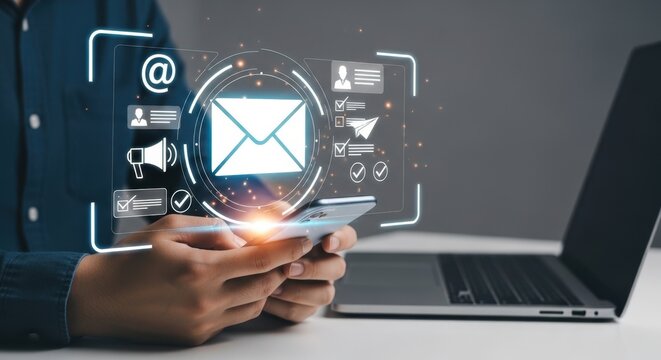 Digital marketer using email marketing tools on laptop and smartphone, sending newsletters and analyzing campaign performance to engage subscribers and grow business through personalized content