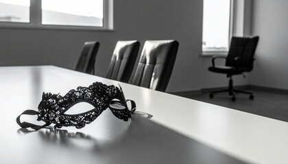 Minimalist Corporate Meeting Room with Single Venetian Lace Mask and Dramatic Shadow