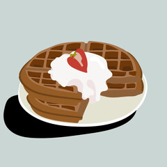Chocolate Waffles with Whipped Cream and Strawberry. Concepts related to breakfast, brunch, dessert, sweet treats, bakery food, and delicious homemade meals.