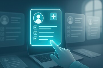 Digital healthcare concept featuring a glowing user interface on a laptop screen, with a virtual hand interacting, highlighting medical records, and a check mark next to a profile icon, suggesting...