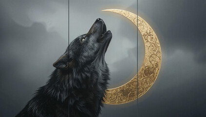 Wolf Moon Triptych – Minimalist Silhouette with Golden Crescent Accents