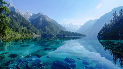 Mountain lake with clear water and forest