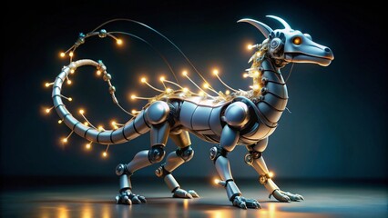 A Luminescent Mechanical Dragon, a marvel of robotic engineering, with intricate details and glowing accents, poised elegantly on a dark surface