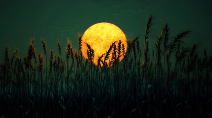 Full moon rising behind wheat field landscape wallpaper