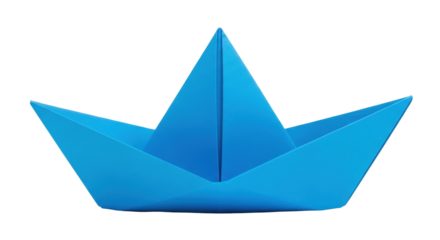 Isolated Blue origami paper boat floating, nautical travel toy, childhood memory of sailing