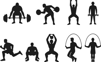 Fitness silhouette collection, weightlifting poses, gym workout illustration, strength training vector, exercise movement icons,