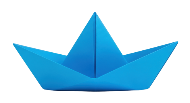 Isolated Blue origami paper boat floating, nautical travel toy, childhood memory of sailing