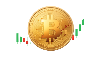 Bitcoin with stock market chart isolated on transparent background