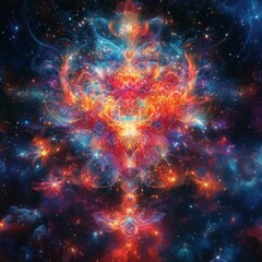 Divine Radiance: An Abstract Vision of Galactic Splendor, Illustrating Symmetrical Forms and Luminous Nebulae in a Spectrum of Fiery and Azure Hues Across the Cosmos