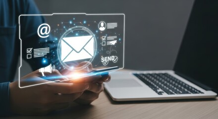 Digital marketer using email marketing tools on laptop and smartphone, sending newsletters and analyzing campaign performance to engage subscribers and grow business through personalized content