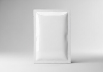 Blank white sachet packaging mockup, ideal for product branding and sample presentation against a clean studio background