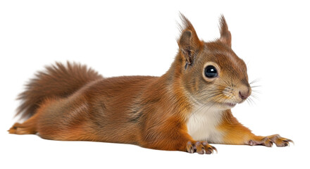 Obraz premium Isolated red squirrel posing while laying down with cute expression on a clear background