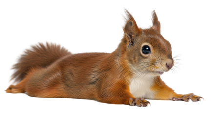Isolated red squirrel posing while laying down with cute expression on a clear background