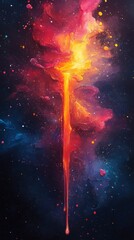 Vibrant Cosmic Eruption: A Dynamic Abstract Exploration of Molten Reds, Fiery Golds, and Cascading Hues, Illuminating a Star-Dusted Void with Explosive Fluid Artistry.