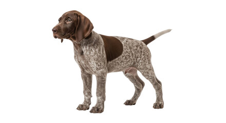 Isolated purebred German Shorthaired Pointer dog standing attentively, pet friendly studio