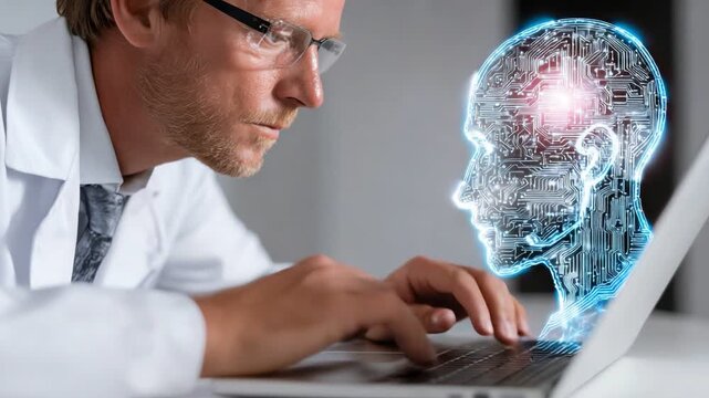 A focused researcher analyzes data on a laptop, with a visual representation of artificial intelligence projected, symbolizing the intersection of technology and human thought.
