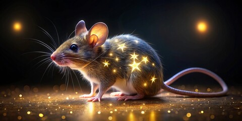 A nocturnal rodent, adorned with celestial lights, sits gracefully amidst shimmering particles on a dark surface.