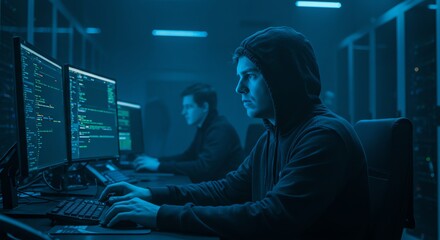 Two men working on computers in dark server room