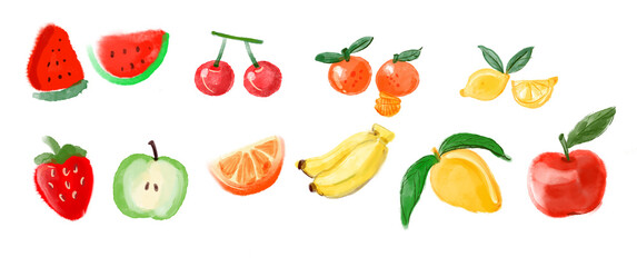 Watercolor illustration of various fresh fruits on a white background.