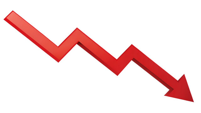 Red arrow pointing down isolated on transparent background indicating decrease