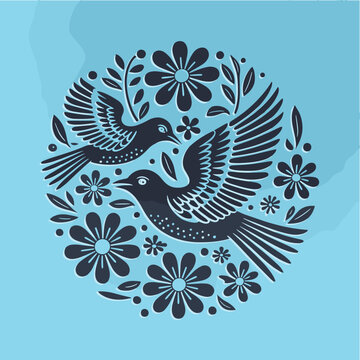 Symmetrical Papel Picado Design with Ornate Birds and Flowers
