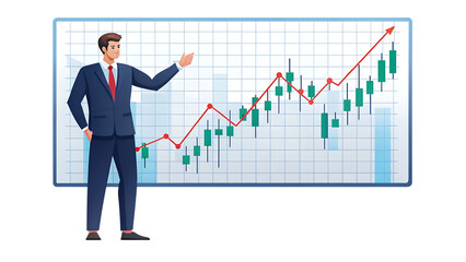 Businessman presenting a stock market chart isolated on transparent background
