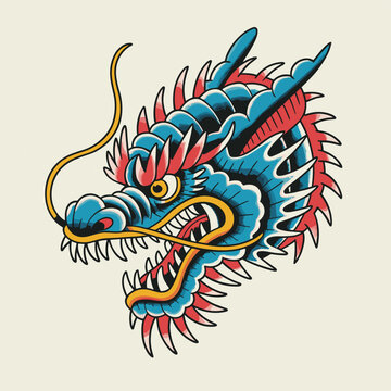 Fierce Dragon Head in Traditional Tattoo Style Illustration