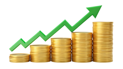 Green arrow showing upward trend with coins isolated on transparent background