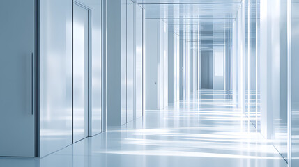 Obraz premium A row of gleaming white metal doors in a modern office building, generated using AI.