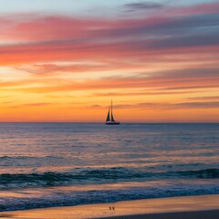 Sailboat on the ocean at sunset with colorful sky and waves sailing