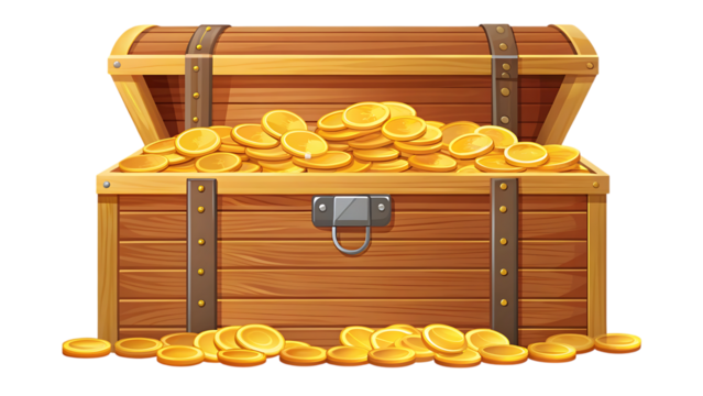 Treasure chest overflowing with gold coins isolated on transparent background