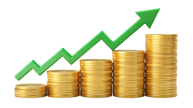 Green arrow showing upward trend with coins isolated on transparent background